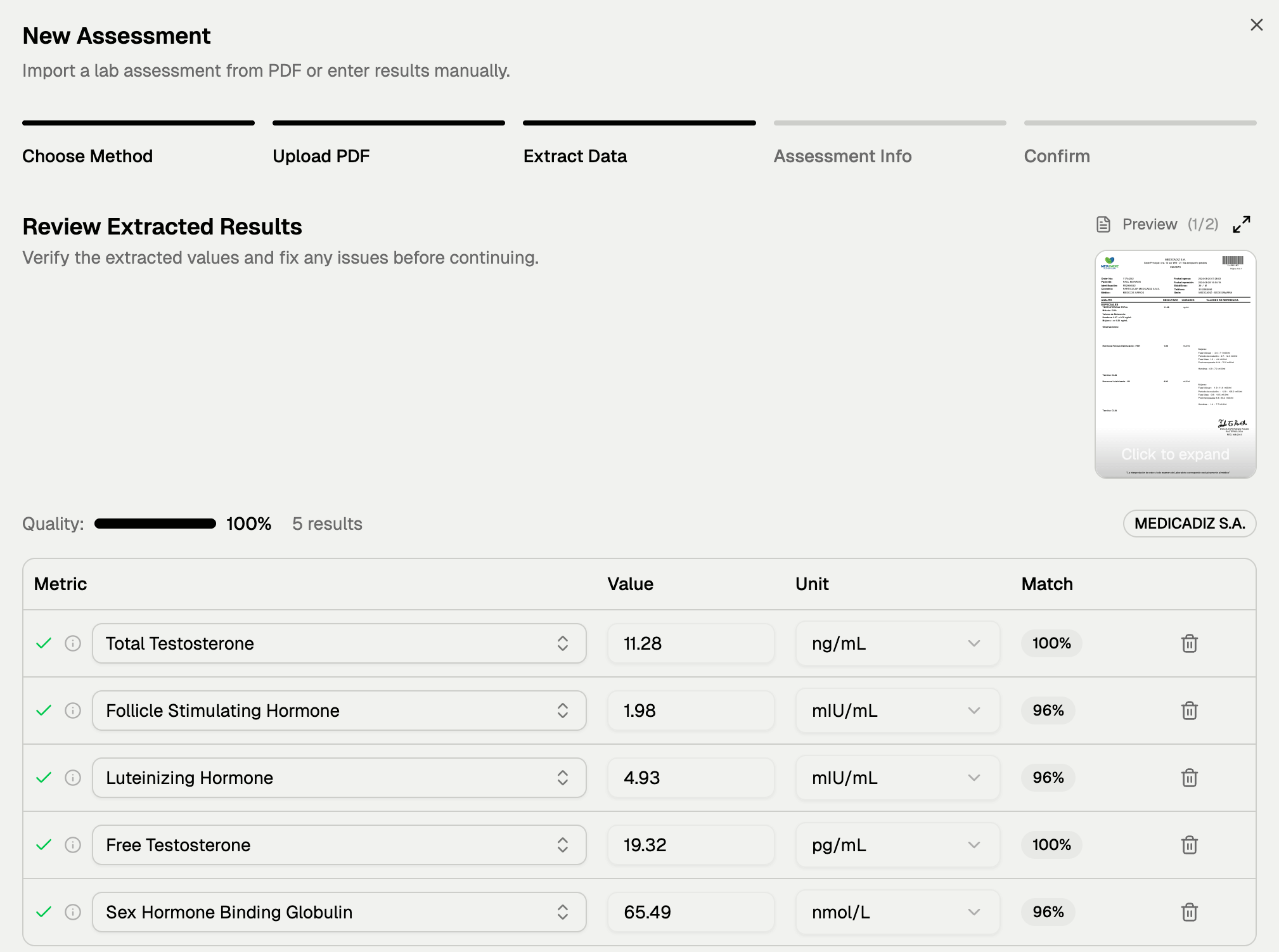 PDF import interface